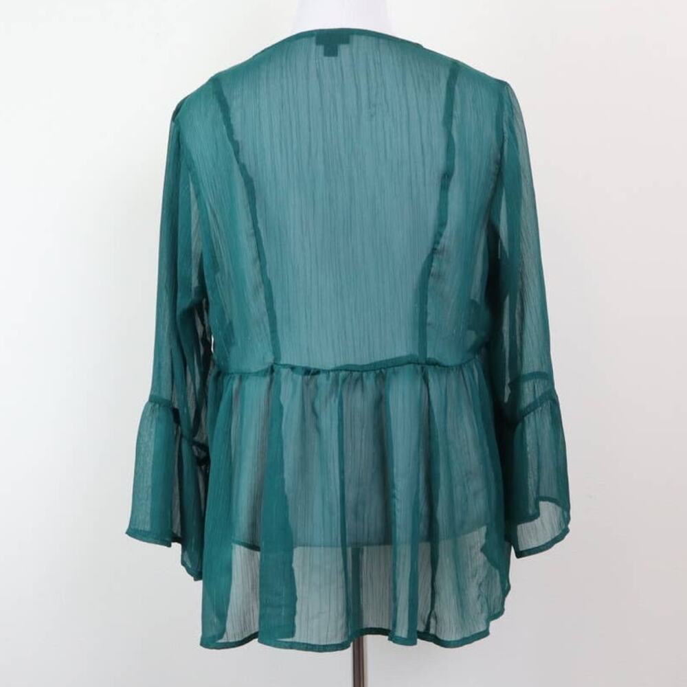 Torrid Size 0 L Babydoll Chiffon Blouse Bell Sleeve Lace-Up Green - Picture 5 of 12